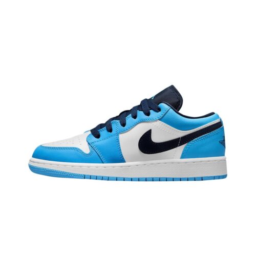 Big Kids Jordan 1 Low Unc White/Dk Powder Blue-Obsidian (553560 144)