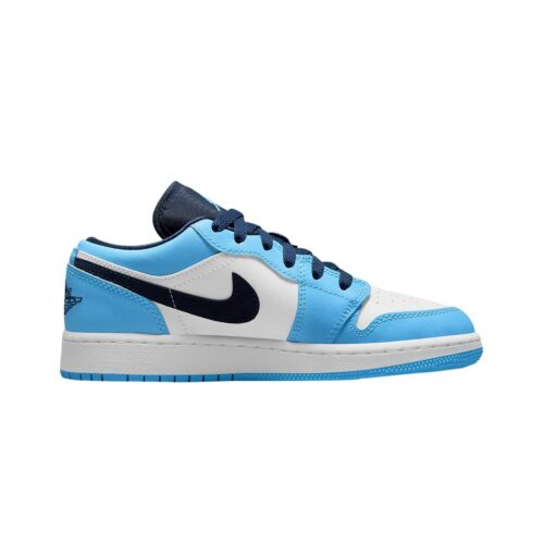 Big Kids Jordan 1 Low Unc White/Dk Powder Blue-Obsidian (553560 144)