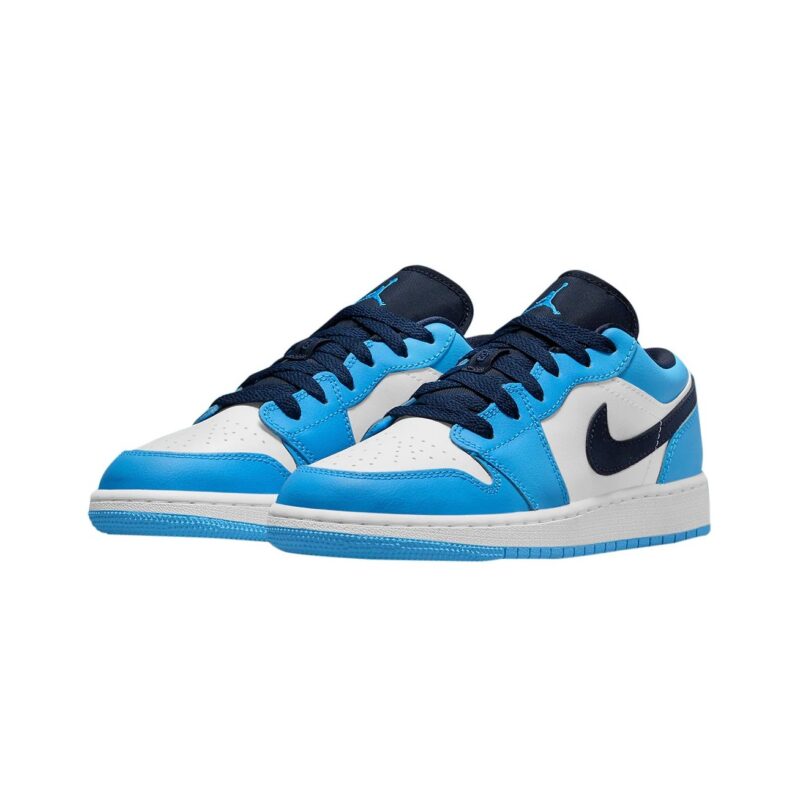 Big Kids Jordan 1 Low Unc White/Dk Powder Blue-Obsidian (553560 144)