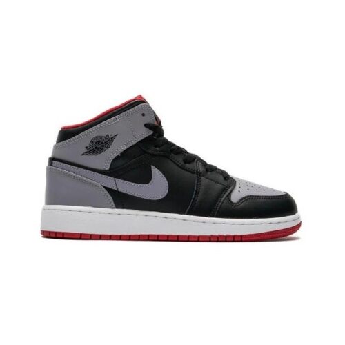 Big Kids Jordan 1 Mid Black/Cement Grey-Fire Red (Dq8423 006)