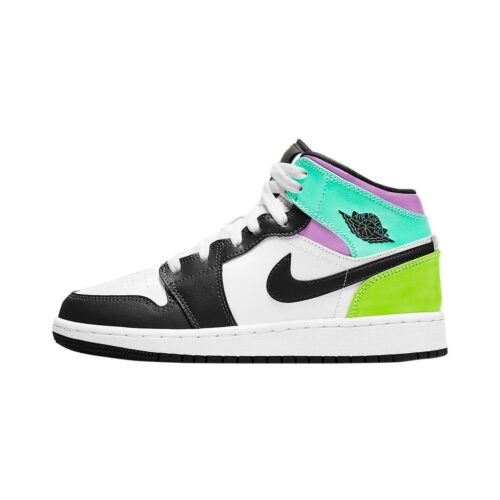 Big Kids Jordan 1 Mid Pastel Black Toe Whit/Blk-Volt-Grn Glw (554725 175)