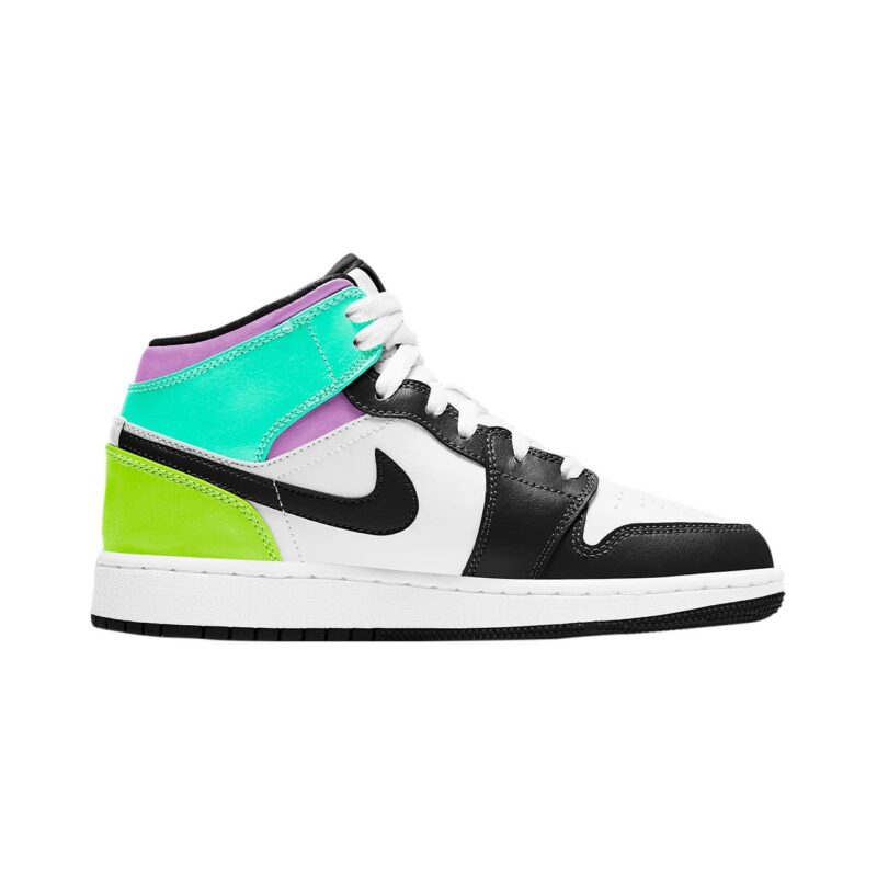 Big Kids Jordan 1 Mid Pastel Black Toe Whit/Blk-Volt-Grn Glw (554725 175)