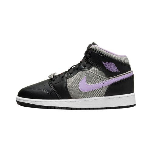 Big Kids Jordan 1 Mid Se Houndstooth Black/Lilac-White (Dc7226 015)