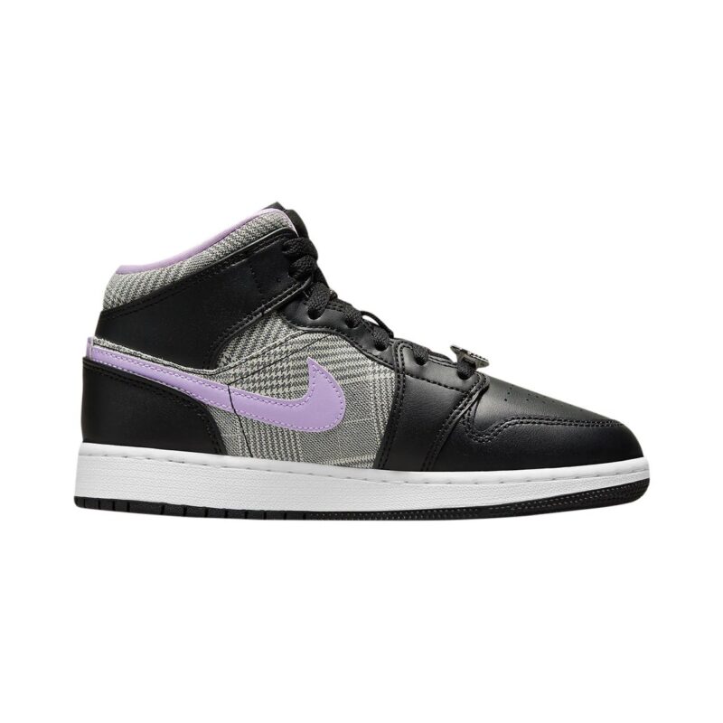 Big Kids Jordan 1 Mid Se Houndstooth Black/Lilac-White (Dc7226 015)