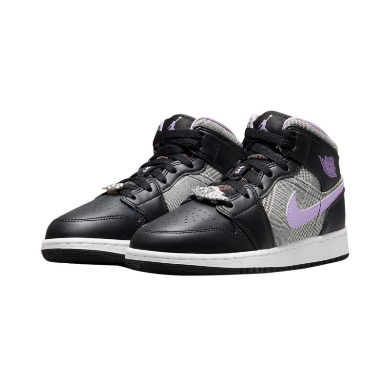 Big Kids Jordan 1 Mid Se Houndstooth Black/Lilac-White (Dc7226 015)