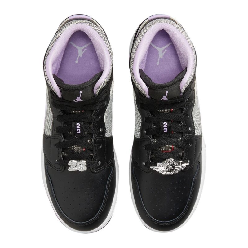 Big Kids Jordan 1 Mid Se Houndstooth Black/Lilac-White (Dc7226 015)